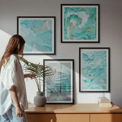 Abstracte patronen in verschillende blauwtinten meerluik in lijst