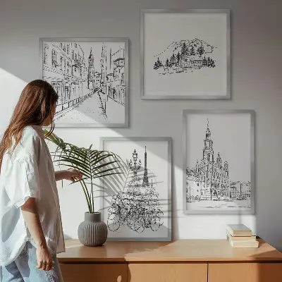 Eenvoudige tekeningen van stadsgezichten meerluik in lijst