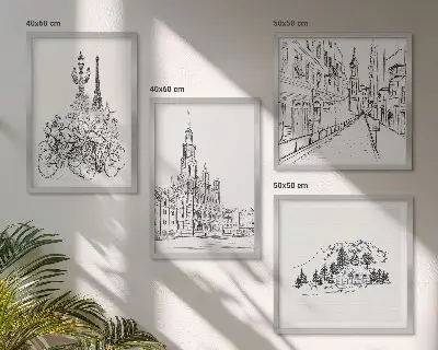 Eenvoudige tekeningen van stadsgezichten meerluik in lijst