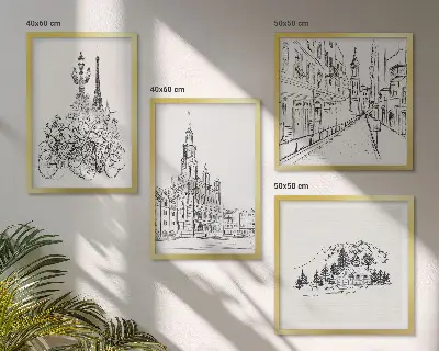 Eenvoudige tekeningen van stadsgezichten meerluik in lijst