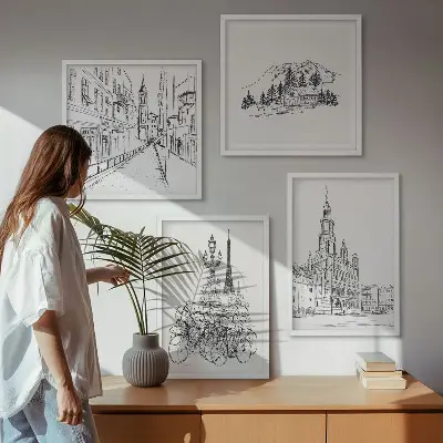 Eenvoudige tekeningen van stadsgezichten meerluik in lijst