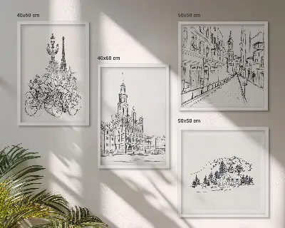 Eenvoudige tekeningen van stadsgezichten meerluik in lijst