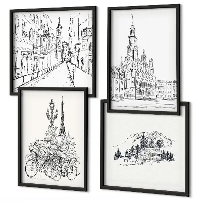 Eenvoudige tekeningen van stadsgezichten meerluik in lijst