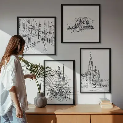 Eenvoudige tekeningen van stadsgezichten meerluik in lijst