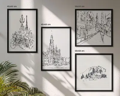 Eenvoudige tekeningen van stadsgezichten meerluik in lijst