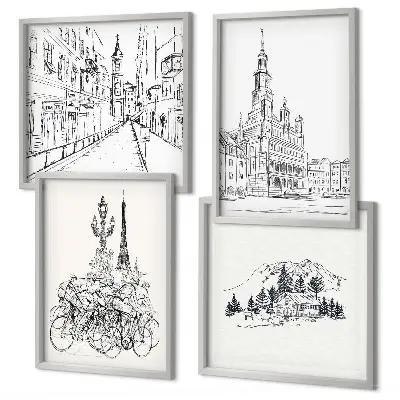 Eenvoudige tekeningen van stadsgezichten meerluik in lijst