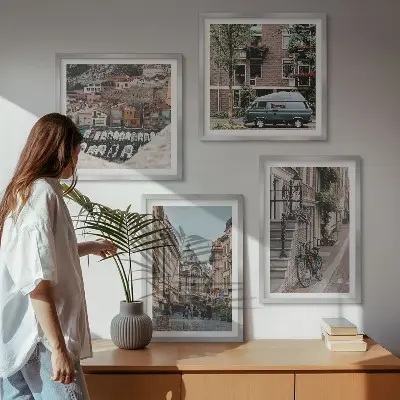 Stadsgezichten op gebouwen meerluik in lijst