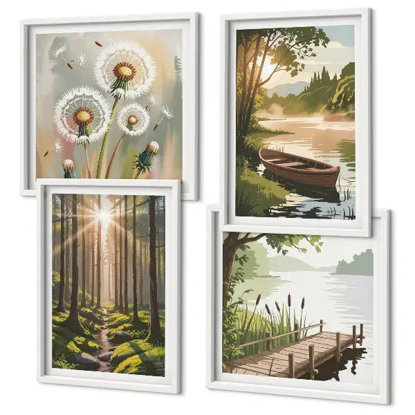 Posterset met lijst boslandschap met meer