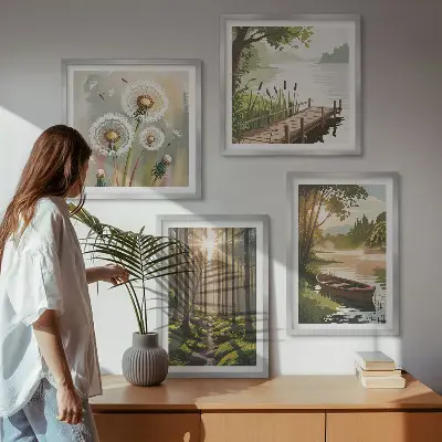Posterset met lijst boslandschap met meer