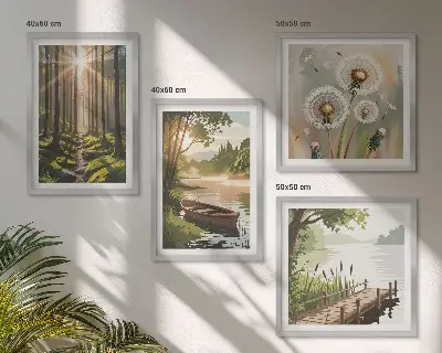 Posterset met lijst boslandschap met meer