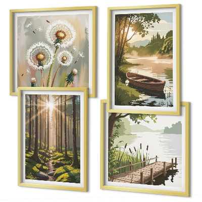 Set van posters met lijst Boslandschap, meer Łódź