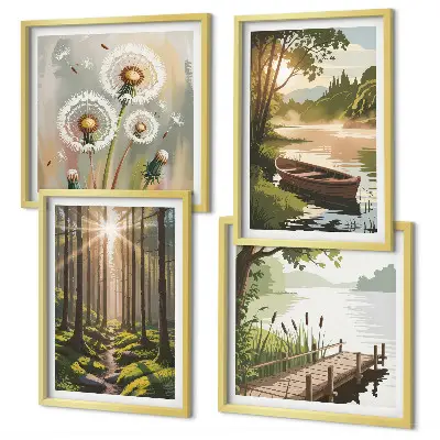 Posterset met lijst boslandschap met meer