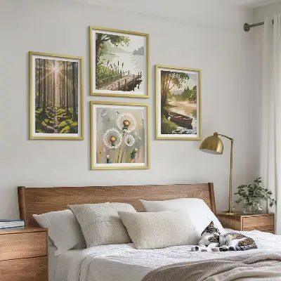 Posterset met lijst boslandschap met meer