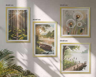 Set van posters met lijst Boslandschap, meer Łódź