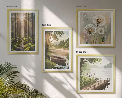 Posterset met lijst boslandschap met meer