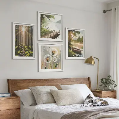 Posterset met lijst boslandschap met meer