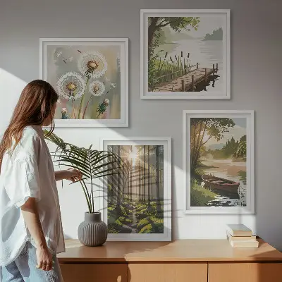 Posterset met lijst boslandschap met meer
