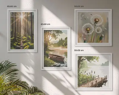 Posterset met lijst boslandschap met meer