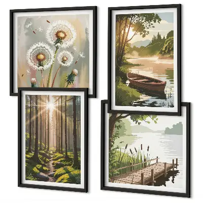 Posterset met lijst boslandschap met meer