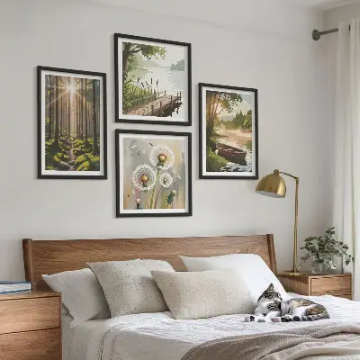Posterset met lijst boslandschap met meer