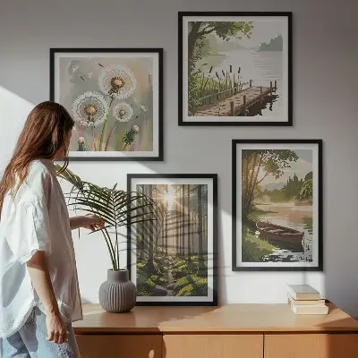 Posterset met lijst boslandschap met meer