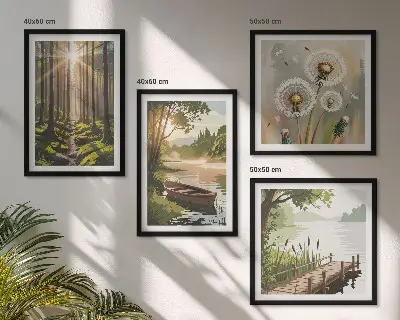 Posterset met lijst boslandschap met meer