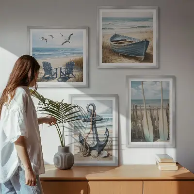Ankerboot roeien strand meerluik in lijst