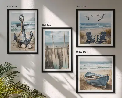 Ankerboot roeien strand meerluik in lijst