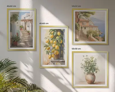 Meerluik in lijst met planten in potten, citroenen en een straat