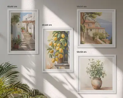Meerluik in lijst met planten in potten, citroenen en een straat