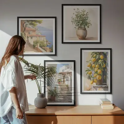 Meerluik in lijst met planten in potten, citroenen en een straat