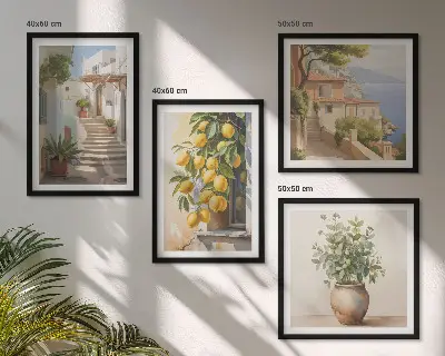 Meerluik in lijst met planten in potten, citroenen en een straat