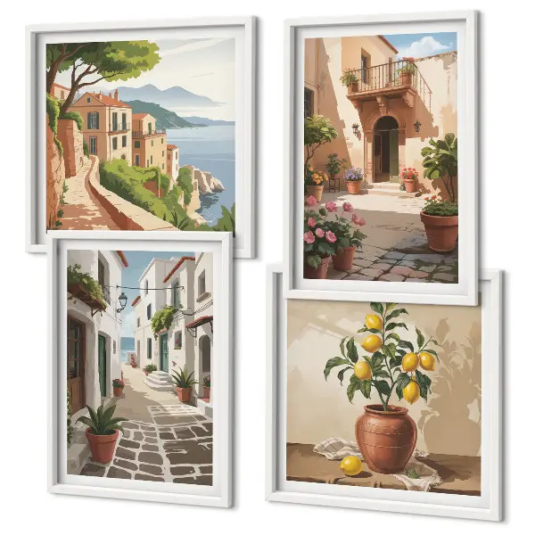 Set van posters inclusief lijst met afbeeldingen van straten, huizen, planten en potten