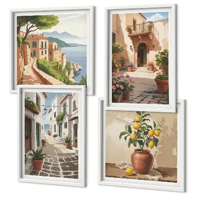 Set van posters met lijst Straten, huizen, planten, potten