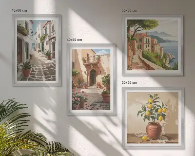 Set van posters inclusief lijst met afbeeldingen van straten, huizen, planten en potten