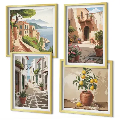 Set van posters inclusief lijst met afbeeldingen van straten, huizen, planten en potten