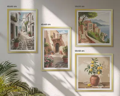 Set van posters inclusief lijst met afbeeldingen van straten, huizen, planten en potten