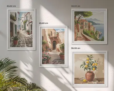 Set van posters inclusief lijst met afbeeldingen van straten, huizen, planten en potten