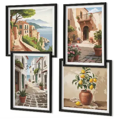 Set van posters inclusief lijst met afbeeldingen van straten, huizen, planten en potten