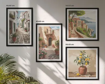 Set van posters inclusief lijst met afbeeldingen van straten, huizen, planten en potten