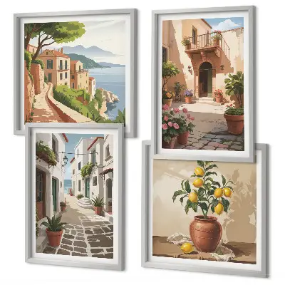 Set van posters inclusief lijst met afbeeldingen van straten, huizen, planten en potten