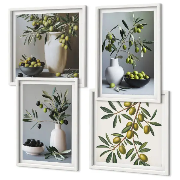 Set van posters met lijst Olijven in vazen ​​in ingetogen kleuren.