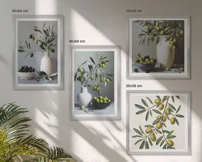 Set van posters met lijst Olijven in vazen ​​in ingetogen kleuren.