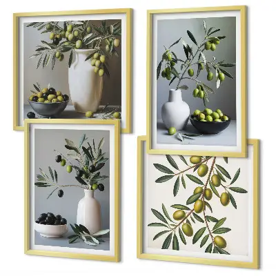 Set van posters met lijst Olijven in vazen ​​in ingetogen kleuren.