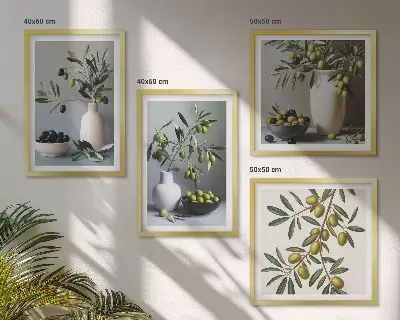 Set van posters met lijst Olijven in vazen ​​in ingetogen kleuren.