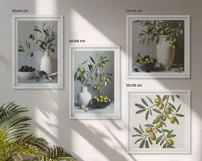 Set van posters met lijst Olijven in vazen ​​in ingetogen kleuren.