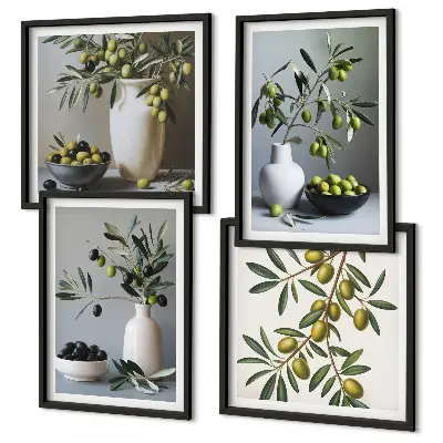 Set van posters met lijst Olijven in vazen ​​in ingetogen kleuren.