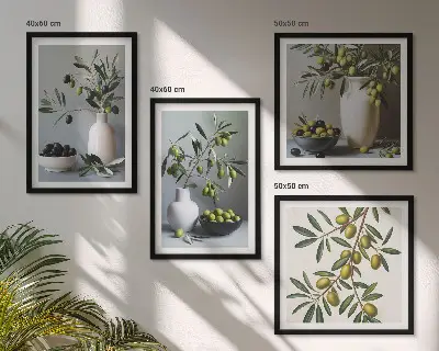 Set van posters met lijst Olijven in vazen ​​in ingetogen kleuren.