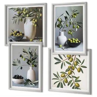 Set van posters met lijst Olijven in vazen ​​in ingetogen kleuren.