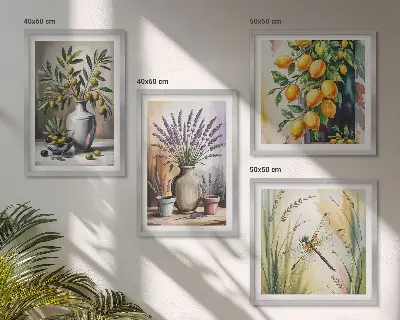 Olijfbloemen in vazen poster set met lijst natuur thema